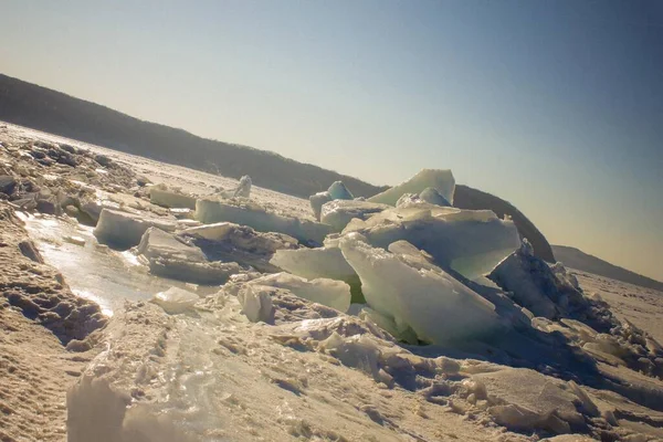 Glace Neige Sur Une Surface Eau Gelée Éclairage Solaire Latéral — Photo