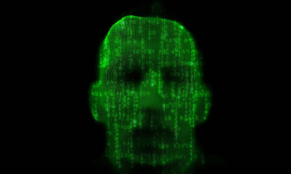 Digital face with green letters running hacker concept style.