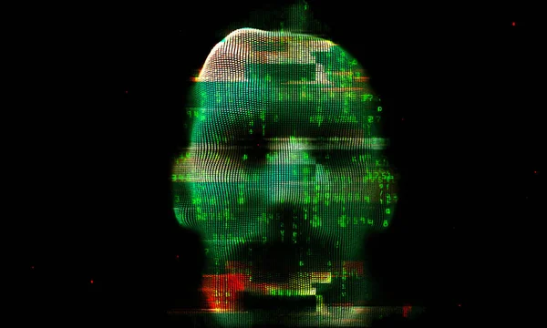 A hacker's face with a cyber glitch.