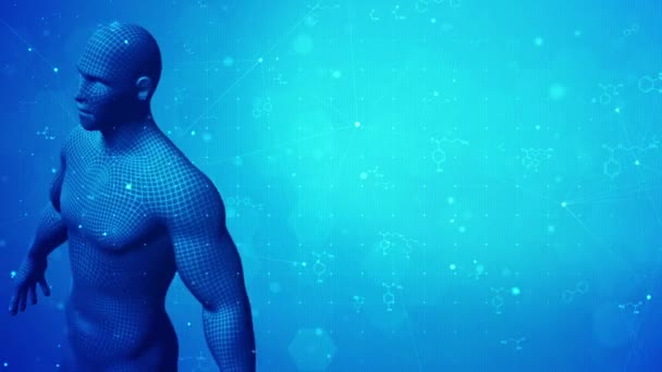 3D Männlicher Mensch dreht sich auf wissenschaftlichem Hintergrund.