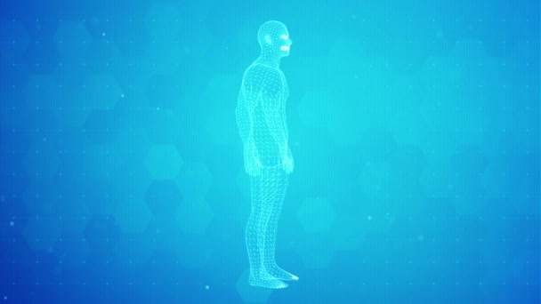 3D Männlicher Körper Mensch dreht sich auf wissenschaftlichem Hintergrund.