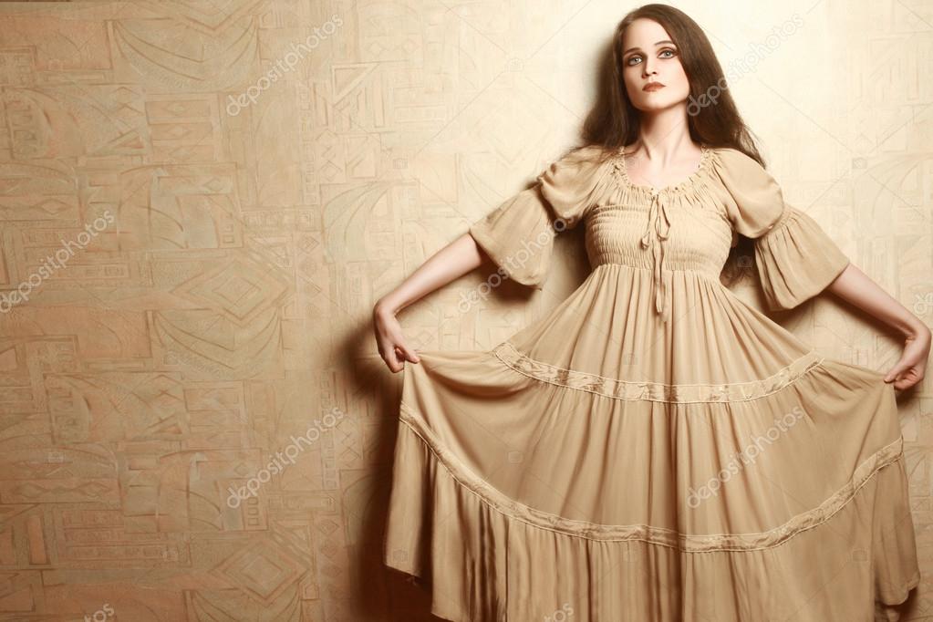 Fashion woman in vintage dress Retro clothes style Stock Photo by