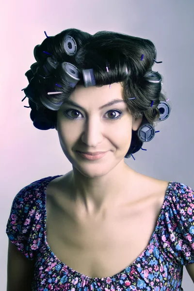 Hair-curlers. Woman with hair curlers — Stock Photo, Image