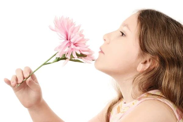 Gyermek lány profil-rózsaszín virág — Stock Fotó