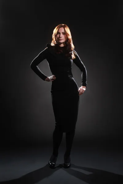 Fashion model in black dress elegant woman — Stock Photo, Image