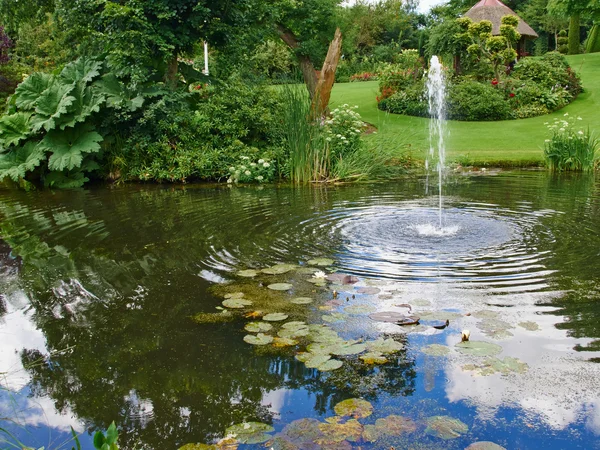 정원에서 관 상용 연못과 물 분수 — 스톡 사진
