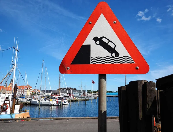 Panneau Avertissement International Côté Quai Rive Dans Port Danemark — Photo