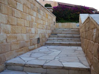 El yapımı klasik tasarım taş merdiven, güzel bir bahçe.