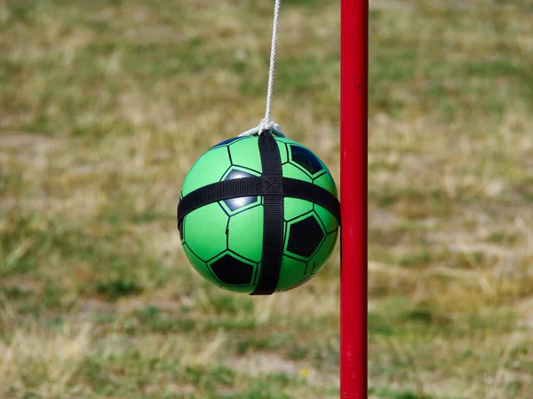 Tetherball Totem Ball Dołączony Czerwonego Metalowego Słupa Trawą Tle Miejsce Obrazy Stockowe bez tantiem