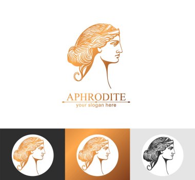 Afrodit veya Venüs. Kadın yüzü logosu. Güzellik ya da yoga salonu amblemi. Vektör illüstrasyonu