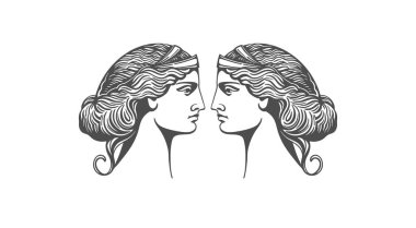 Afrodit veya Venüs. Kadın yüzü logosu. Güzellik ya da yoga salonu amblemi. Vektör illüstrasyonu