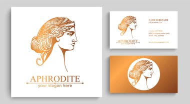 Afrodit veya Venüs. Kadın yüzü logosu. Güzellik ya da yoga salonu amblemi. Vektör illüstrasyonu
