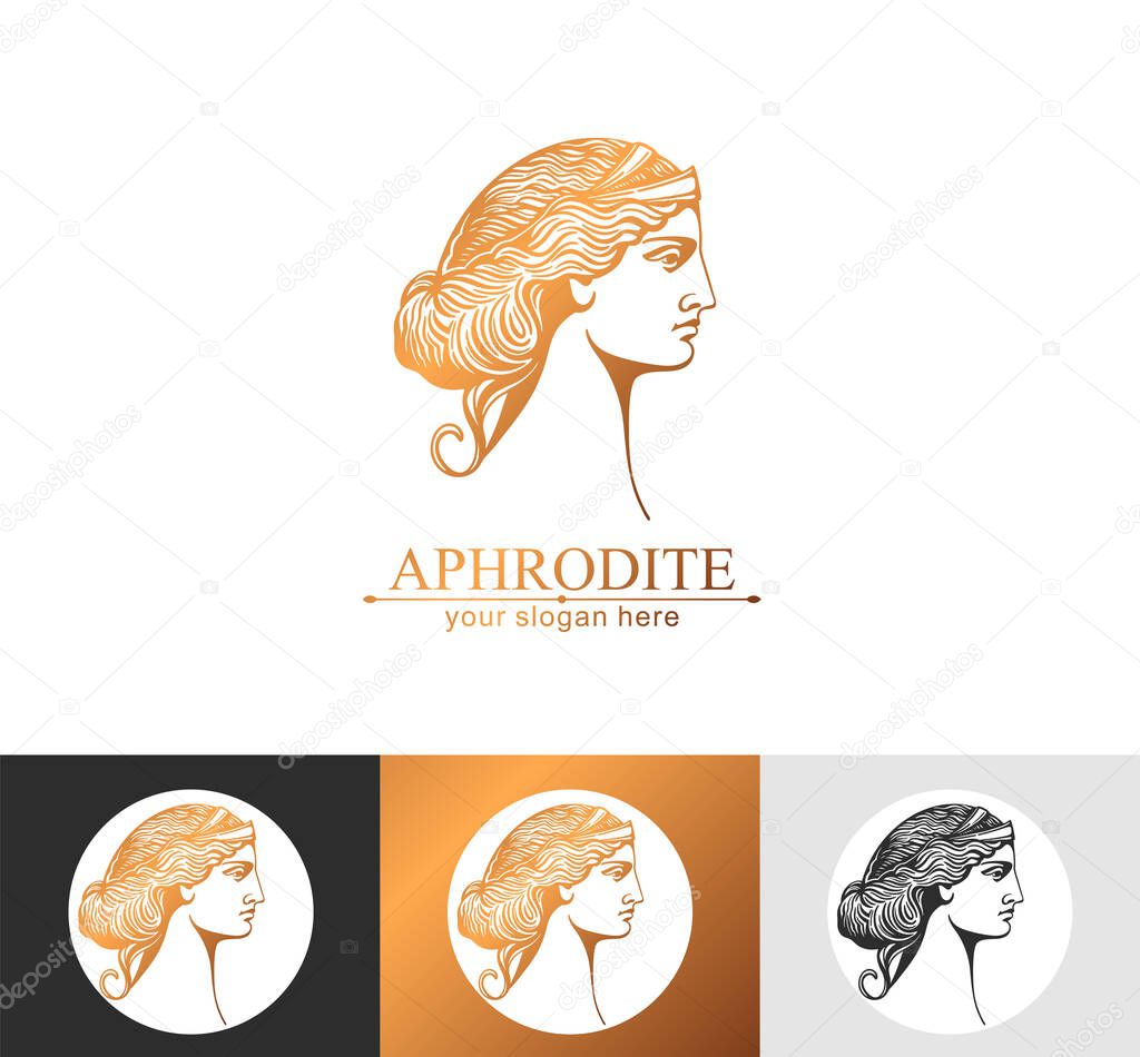 Aphrodite or Venus. Woman face logo. Emblem for a beauty or yoga salon. Vector illustration