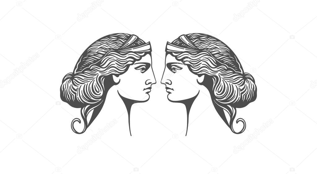 Aphrodite or Venus. Woman face logo. Emblem for a beauty or yoga salon. Vector illustration