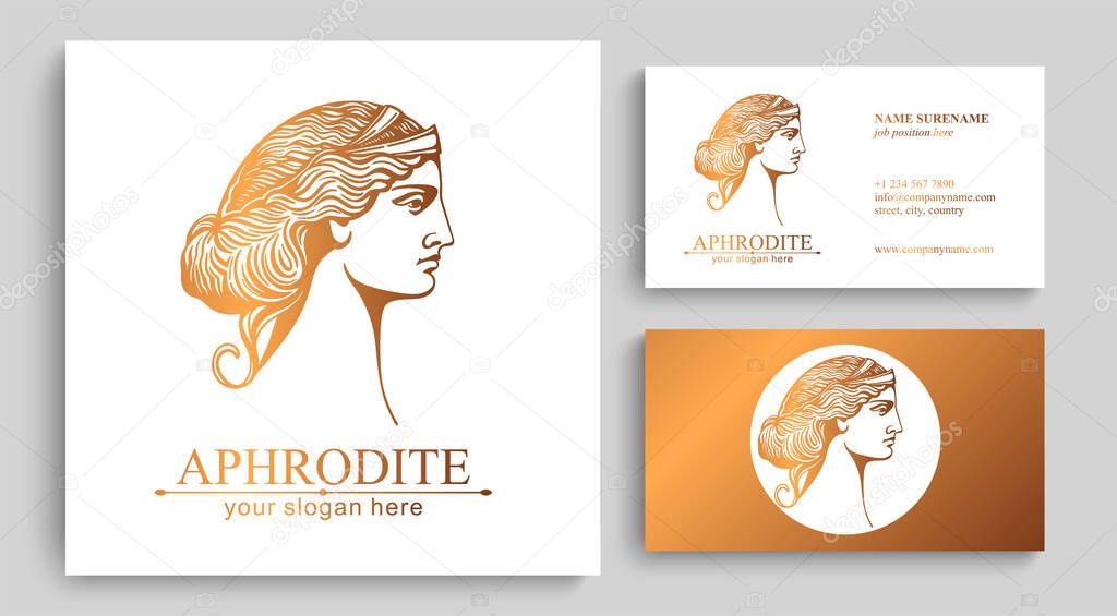 Aphrodite or Venus. Woman face logo. Emblem for a beauty or yoga salon. Vector illustration