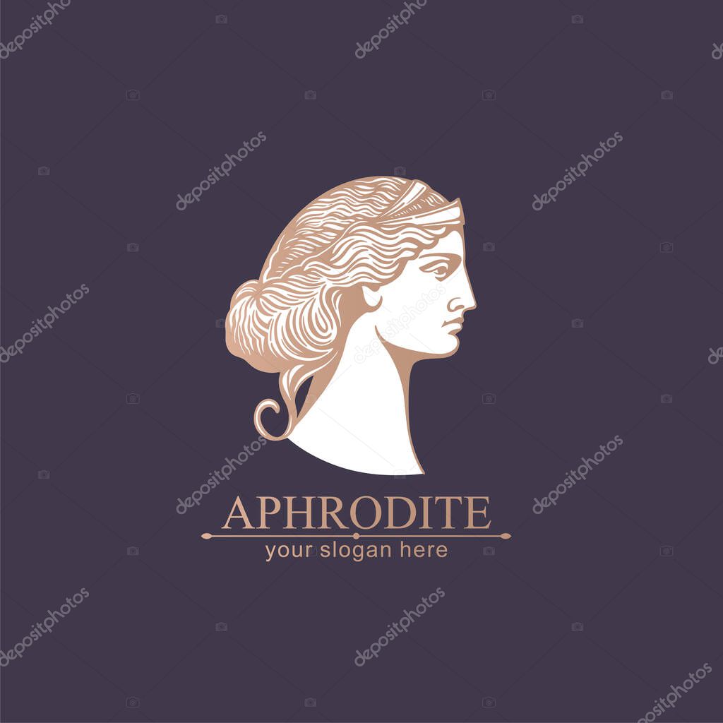 Aphrodite or Venus. Woman face logo. Emblem for a beauty or yoga salon. Vector illustration