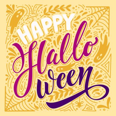 Mutlu Cadılar Bayramı vektör harfleri. Pankart, poster, tebrik kartı ve bir partiye davetiye için şenlikli yazı. Vektör çizimi. El çizimi