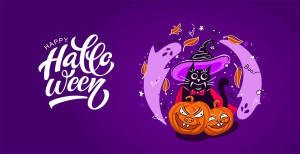 Boldog Halloween Vektor Betűk Vidám Illusztráció Ünnepi Banner Kalligráfiával Poszterrel — Stock Vector