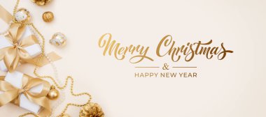 Mutlu Noeller ve mutlu yıllar tebrik kartı, çerçeve ve afişler. Tatil tasarımı. Noel ve Feliz Navidad. Noel hediyeleri ve dekorasyonlar, üst manzara..