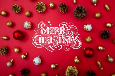 Mutlu Noeller ve mutlu yıllar tebrik kartı, çerçeve ve afişler. Tatil tasarımı. Noel ve Feliz Navidad. Noel hediyeleri ve dekorasyonlar, üst manzara..