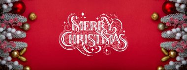 Mutlu Noeller ve mutlu yıllar tebrik kartı, çerçeve ve afişler. Tatil tasarımı. Noel ve Feliz Navidad. Noel hediyeleri ve dekorasyonlar, üst manzara..