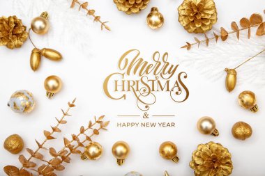 Mutlu Noeller ve mutlu yıllar tebrik kartı, çerçeve ve afişler. Tatil tasarımı. Noel ve Feliz Navidad. Noel hediyeleri ve dekorasyonlar, üst manzara..