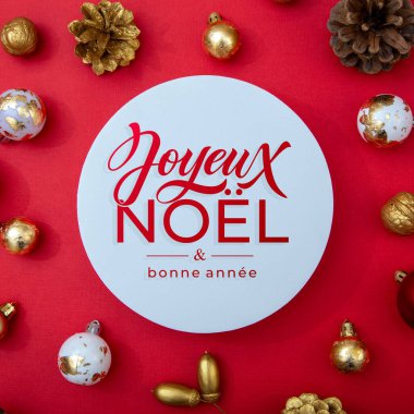 Joyeux Noel ve Bonee Anne. Fransız Mutlu Noeller Modern kaligrafi, sezon selamları için çıkartma üzerine yazılmış. Tebrik kartı, çerçeve ve afiş.