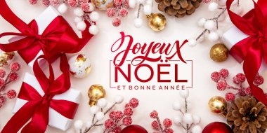 Joyeux Noel ve Bonee Anne. Fransız Mutlu Noeller Modern kaligrafi, sezon selamları için çıkartma üzerine yazılmış. Tebrik kartı, çerçeve ve afiş.