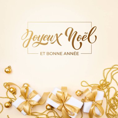 Joyeux Noel ve Bonee Anne. Fransız Mutlu Noeller Modern kaligrafi, sezon selamları için çıkartma üzerine yazılmış. Tebrik kartı, çerçeve ve afiş.
