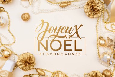 Joyeux Noel ve Bonee Anne. Fransız Mutlu Noeller Modern kaligrafi, sezon selamları için çıkartma üzerine yazılmış. Tebrik kartı, çerçeve ve afiş.