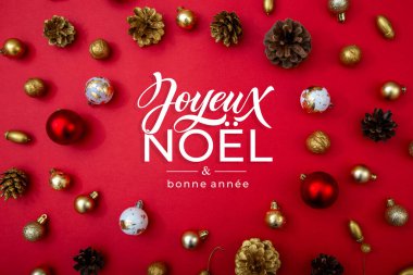 Joyeux Noel ve Bonee Anne. Fransız Mutlu Noeller Modern kaligrafi, sezon selamları için çıkartma üzerine yazılmış. Tebrik kartı, çerçeve ve afiş.
