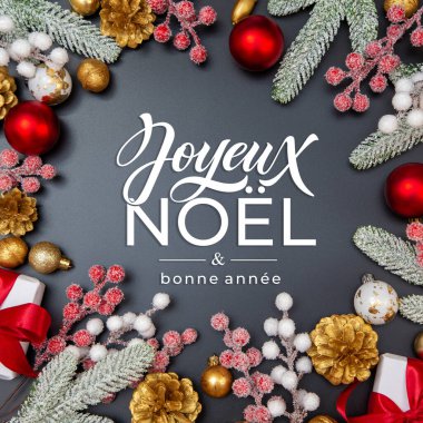 Joyeux Noel ve Bonee Anne. Fransız Mutlu Noeller Modern kaligrafi, sezon selamları için çıkartma üzerine yazılmış. Tebrik kartı, çerçeve ve afiş.