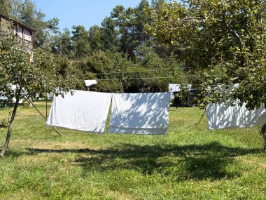 Ağaçlar ve yeşillikler arasında kuru havalar kuruyor. Eko yaşam tarzı, enerji tasarrufu ve elektrik kurutucu olmadan sürdürülebilir yaşam kavramı.