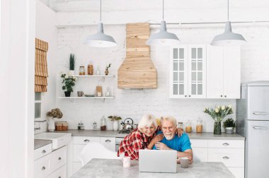 Evde dizüstü bilgisayarı olan yaşlı çift.