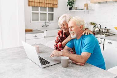 Evde dizüstü bilgisayarı olan yaşlı çift.