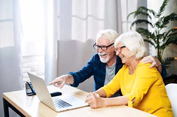 Счастливая пожилая пара использует ноутбук в помещении — стоковое фото