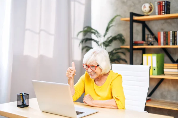 Senior woman is using laptop for video calls — Stock Photo, Image