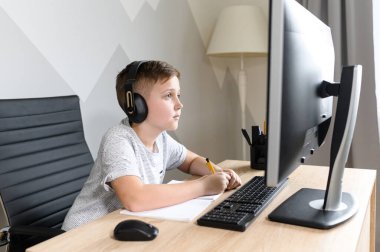 Okul çocuğu internette video dersleri izliyor.