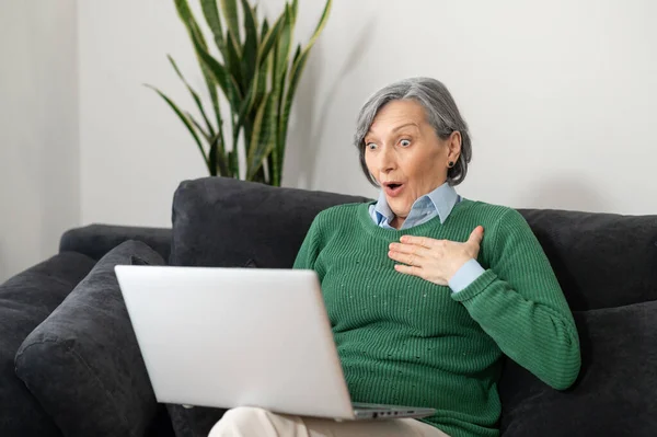 Здивована старша леді дивиться на екран ноутбука — стокове фото