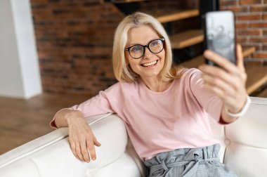 Akıllı telefonlu çekici orta yaşlı kadın.