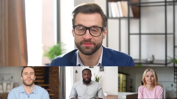 Video chat of diverse coworkers, employees — Stock Video