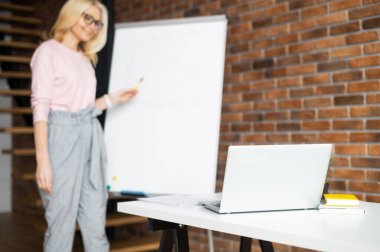 İş kadını beyaz tahtada proje sunuyor.