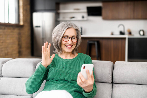 Video call concept, grandmother talking via phone