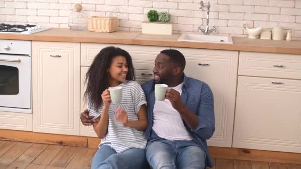 Gelukkig multiraciaal paar besteedt tijd samen thuis — Stockvideo
