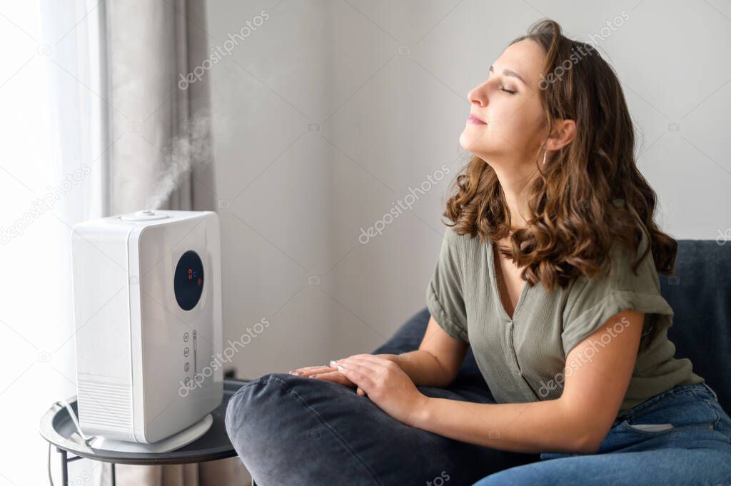 Attractive curly young woman using air humidifier at home