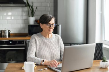 Evde dizüstü bilgisayar kullanan hoş bir yaşlı kadın.