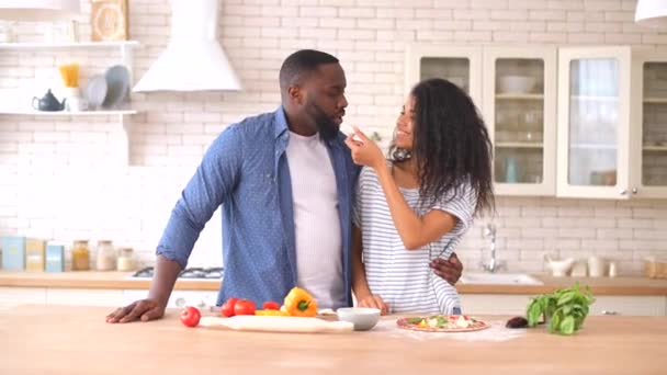 Mutlu çok ırklı çift evde pizza hazırlıyor. — Stok video