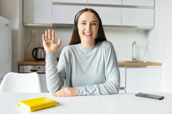 Video chat with friendly young woman wearing headset