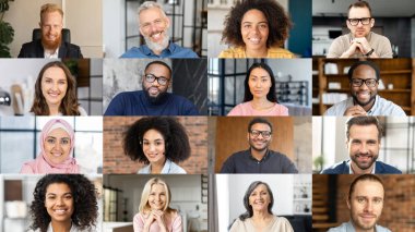 Video görüşmesine katılan bir grup uluslararası insan uzaktan çalışıyor.