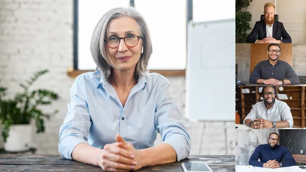 Virtual morning meeting. Screen with a many diverse mixed race colleagues — Stock Photo, Image